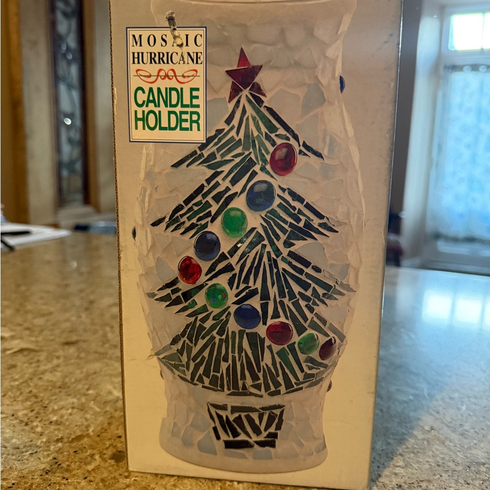 Vintage Christmas Tree Mosaic Hurricane Candle Holder w/ Original Box